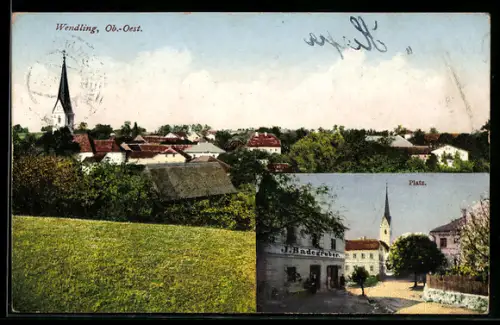 AK Wendling /Ob. Öst., Gasthaus J. Badegruber, Panorama mit Kirche