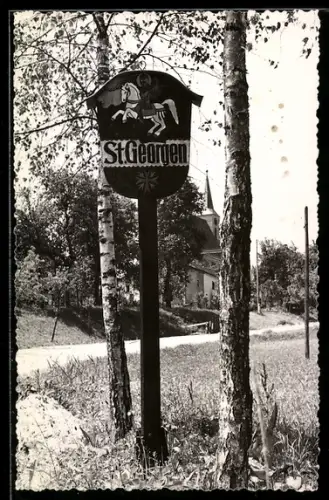 AK St. Georgen b. Grieskirchen, Ortsschild mit Wappen, Kirche im Hintergrund