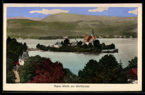 AK Maria Wörth am Wörthersee, Kirche auf Halbinsel, See- und Bergpanorama