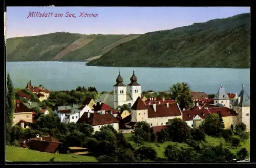 AK Millstatt am See, Panorama mit Kirche und Seeufer