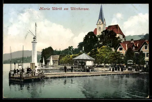AK Maria Wörth am Wörthersee, Seepromenade mit Anlegestelle, Pavillon und Kirche