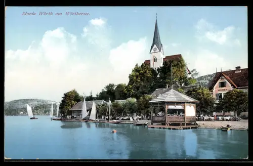AK Maria Wörth am Wörthersee, Kirche, Seepavillon und Segelboote
