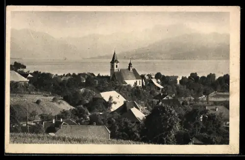 AK Weyregg am Attersee, Panorama mit Kirche und See