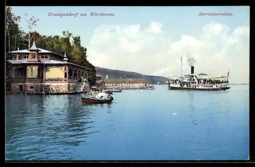 AK Krumpendorf am Wörthersee, Seerestaurant mit Raddampfer