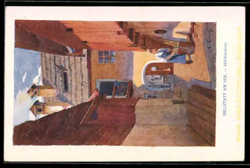 Künstler-AK Millstatt am See, Gasse mit Torbogen und Häusern