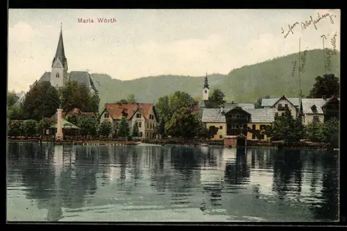 AK Maria Wörth, Kirche und Uferpartie am See