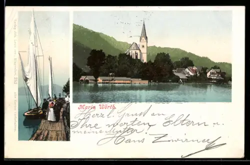 AK Maria Wörth, Kirche am See mit Steg und Segelbooten