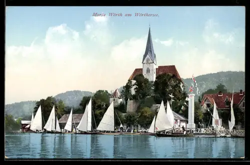 AK Maria Wörth am Wörthersee, Kirche mit Segelbooten am Ufer