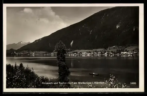 AK Neusach am Weissensee, Techendorf, Panorama mit See und Bergen