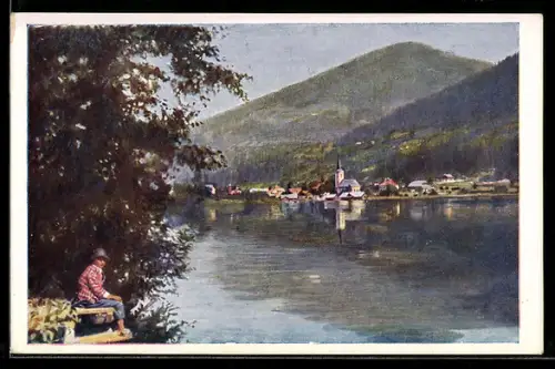AK Feld am See, Dorfansicht mit Kirche am See und Bergpanorama