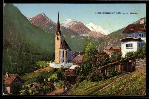 AK Heiligenblut /Kärnten, Kirche und Ortsansicht mit Grossglockner-Panorama
