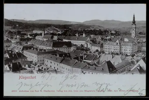 AK Klagenfurt, Panorama der Innenstadt mit Kirchturm