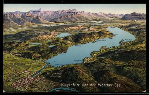 AK Klagenfurt, Panorama mit Wörthersee, Velden, Pörtschach und Sekirn