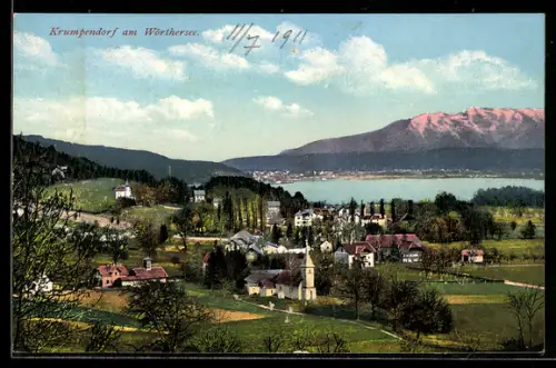 AK Krumpendorf am Wörthersee, Panorama mit Kirche und See