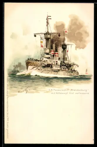 Künstler-Lithographie Hans Bohrdt: Kiel, Panzerschiff SMS Brandenburg verlässt den Hafen mit Volldampf