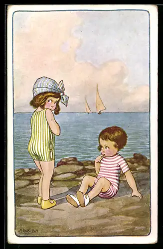 Künstler-AK A. Bertiglia: Kinderpaar im Badeanzug am Meer