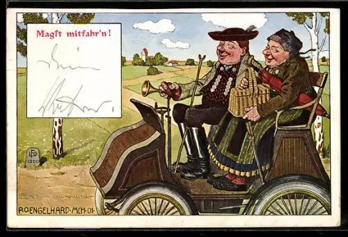 Künstler-Lithographie P. O. Engelhard (P.O.E.): Magst mitfahr`n!, Paar in Tracht in Automobil