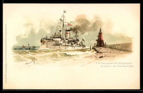 Lithographie Swinemünde, S. M. Panzerschiff Siegfried bei der Hafeneinfahrt