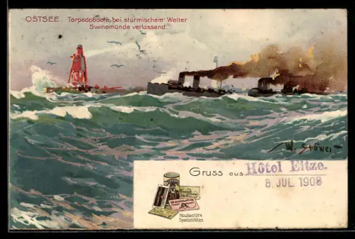 Künstler-AK Willy Stoewer: Swinemünde /Ostsee, Torpedoboote bei stürmischem Wetter die Stadt verlassend
