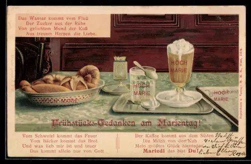 Präge-AK Frühstuck am Marientag, Brötchen und Gläser