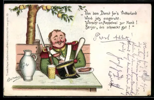 Lithographie Soldat sitzt unter einem Baum und geniesst Wein