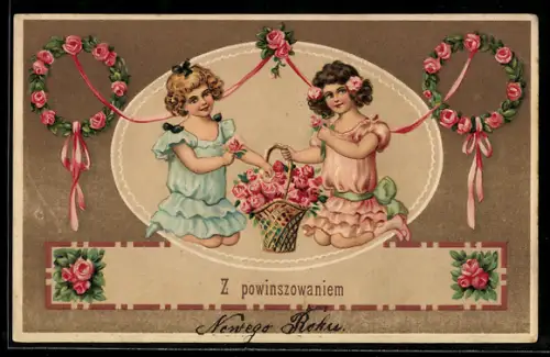 Präge-AK Zwei kleine Mädchen mit Rosenkorb, Rosenkränze