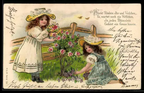 Präge-Lithographie Zwei kleine Mädchen pflücken Rosen u. Veilchen