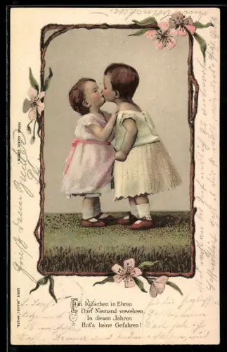 Lithographie Mausi, sich küssende Kleinkinder