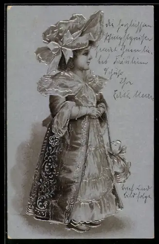 Lithographie Kleine Dame mit Hut und Handtasche, Silberne Verzierungen