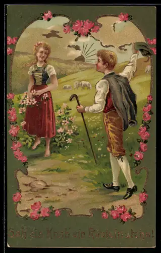 AK Sah'ein Knab ein Röslein stehen, Wanderer und Mädchen mit Rosen