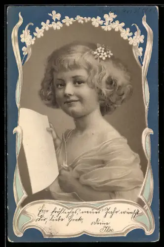 Lithographie Mädchen mit weissem Blatt Papier