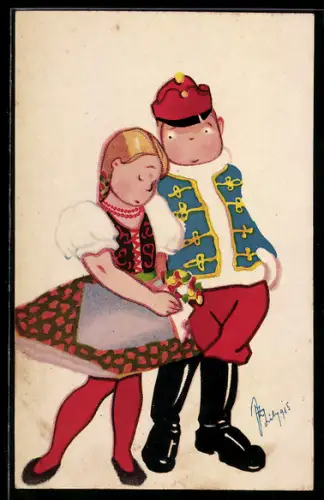 AK Kleiner Soldat und kleines Dirndlmädchen mit Blumen