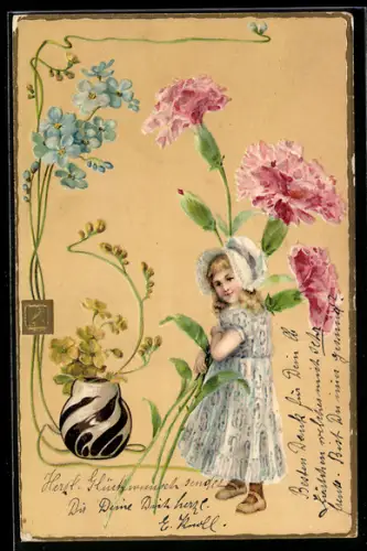 Präge-Lithographie Kleines Mädchen mit riesigen Nelken, Vergissmeinnicht, Vase
