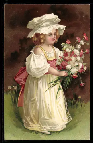 Präge-AK Kleines Mädchen mit Haube und frisch gepflückten Blumen im Grünen
