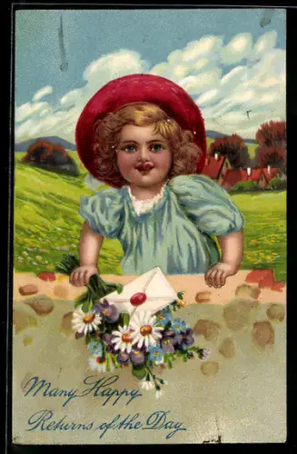 Präge-AK Kleine Gratulantin mit Hut, Blumen und Brief, Many Happy Returns