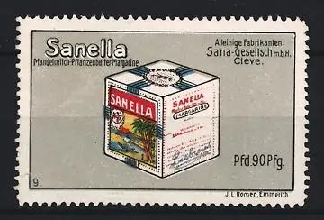 Reklamemarke Cleve, Sanella Gesellsch m. b. H., Mandelmilch-Pflanzenbutter Margarine, Margarinepackung