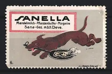 Reklamemarke Cleve, Sanella Gesellsch m. b. H., Mandelmilch-Pflanzenbutter Margarine, Dackel mit Teller
