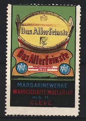 Reklamemarke Cleve, Margarinewerke Wahnschaffe, Müller & Co., Margarinefass