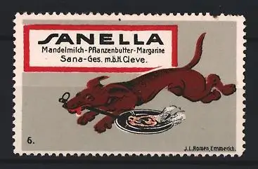 Reklamemarke Cleve, Sanella Gesellsch m. b. H., Mandelmilch-Pflanzenbutter Margarine, Dackel mit Teller