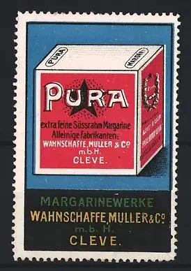 Reklamemarke Cleve, Margarinewerke Wahnschaffe, Müller & Co., Pura Margarine, Margarinewürfel