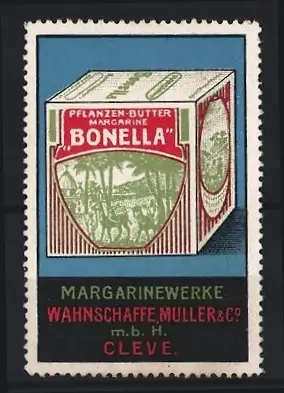 Reklamemarke Cleve, Margarinewerke Wahnschaffe, Müller & Co., Pflanzen-Butter Margarine Bonella