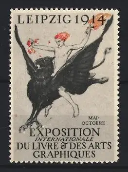 Reklamemarke Leipzig, Exposition Internationale du Livre & Des Arts Graphiques 1914, Mann auf Greif