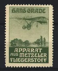 Reklamemarke Hans Grade, Apparat aus Metzeler Fliegerstoff, Flugzeug