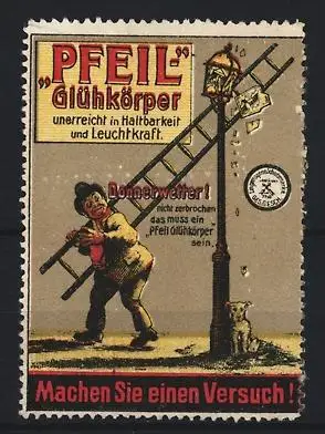 Reklamemarke Pfeil Glühkörper, Mann mit Laterne und Hund
