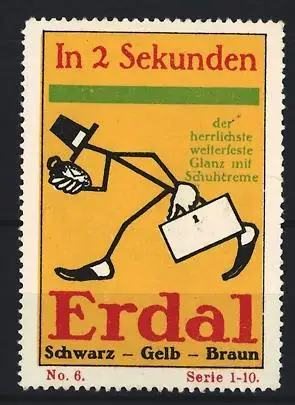 Reklamemarke Erdal Schuhcreme, Laufender Mann mit Hut und Koffer