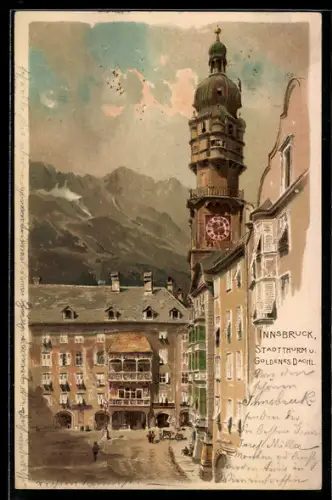 Lithographie Innsbruck, Stadtturm und Goldenes Dachl