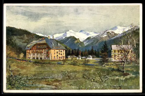 Künstler-AK Bad Iselsberg /Kärnten, Hotel-Pension mit Blick auf die Hohen Tauern
