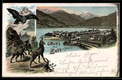 Lithographie Zell am See, Panorama mit See und Hohe Tauern