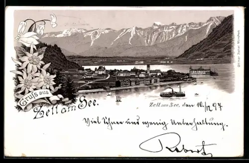 Lithographie Zell am See, Panorama mit See und Gebirgspanorama