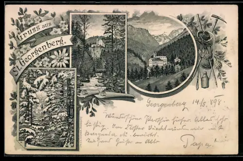 Lithographie Stans /Tirol, Kloster St. Georgenberg, Kloster mit Gebirgspanorama